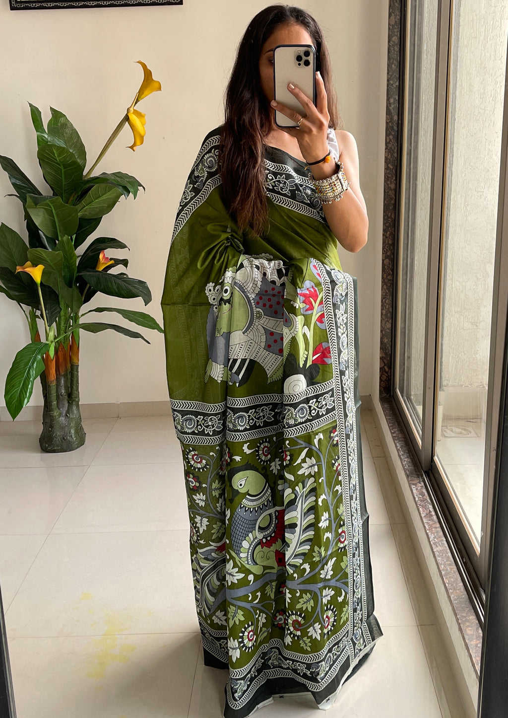 SELFI 20 PURE MUL COTTON TRADITIONAL KALMKARI HANDBLOCK PRINT OLIVE GREEN SAREE