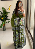 SELFI 20 PURE MUL COTTON TRADITIONAL KALMKARI HANDBLOCK PRINT OLIVE GREEN SAREE