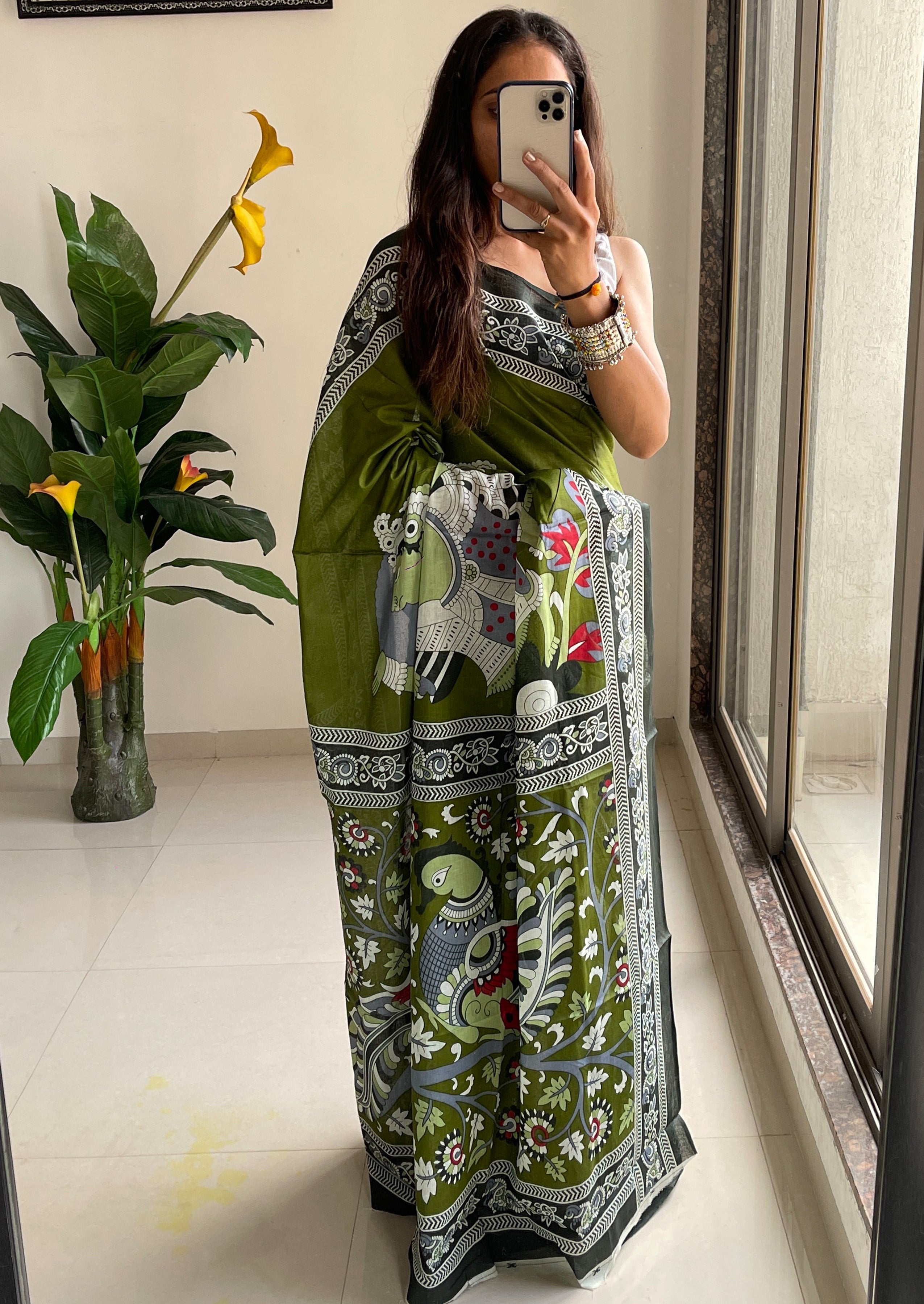 SELFI 20 PURE MUL COTTON TRADITIONAL KALMKARI HANDBLOCK PRINT OLIVE GREEN SAREE