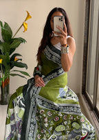 SELFI 20 PURE MUL COTTON TRADITIONAL KALMKARI HANDBLOCK PRINT OLIVE GREEN SAREE