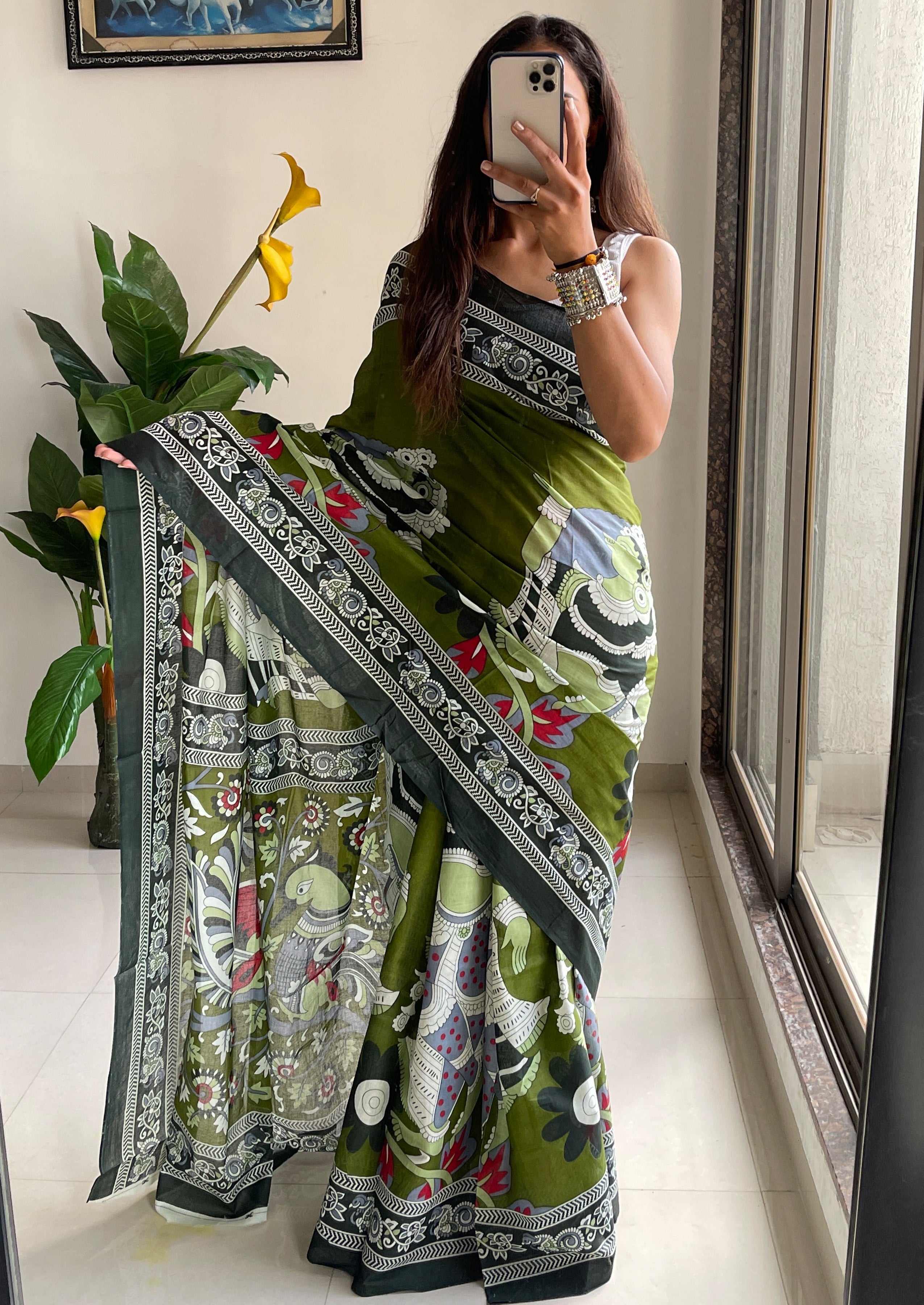 SELFI 20 PURE MUL COTTON TRADITIONAL KALMKARI HANDBLOCK PRINT OLIVE GREEN SAREE
