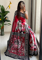 SELFI 20 PURE MUL COTTON TRADITIONAL KALMKARI HANDBLOCK PRINT RED SAREE