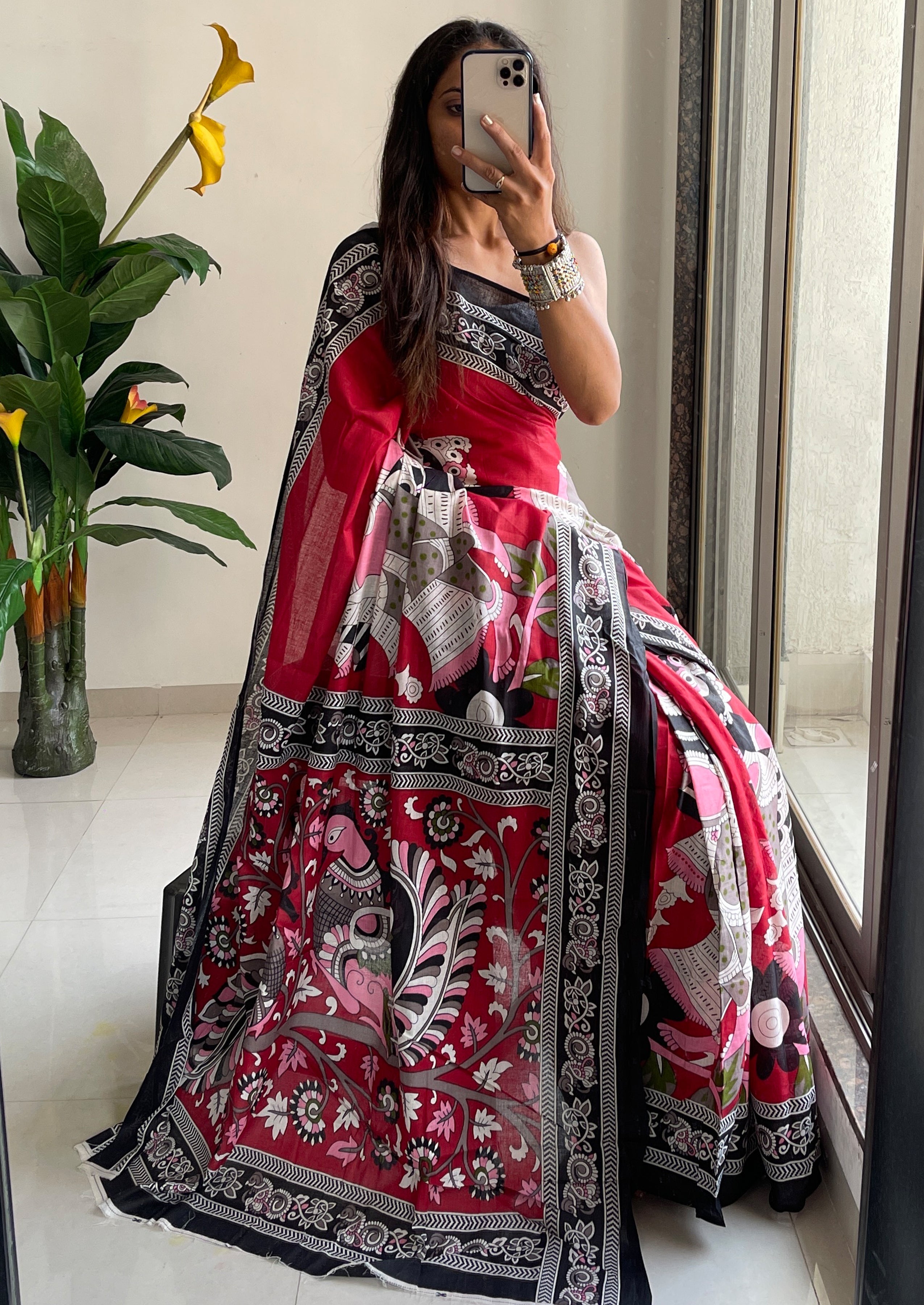 SELFI 20 PURE MUL COTTON TRADITIONAL KALMKARI HANDBLOCK PRINT RED SAREE