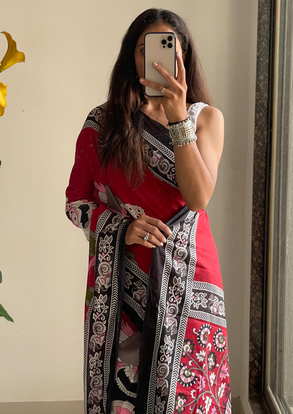 SELFI 20 PURE MUL COTTON TRADITIONAL KALMKARI HANDBLOCK PRINT RED SAREE
