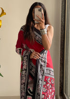 SELFI 20 PURE MUL COTTON TRADITIONAL KALMKARI HANDBLOCK PRINT RED SAREE