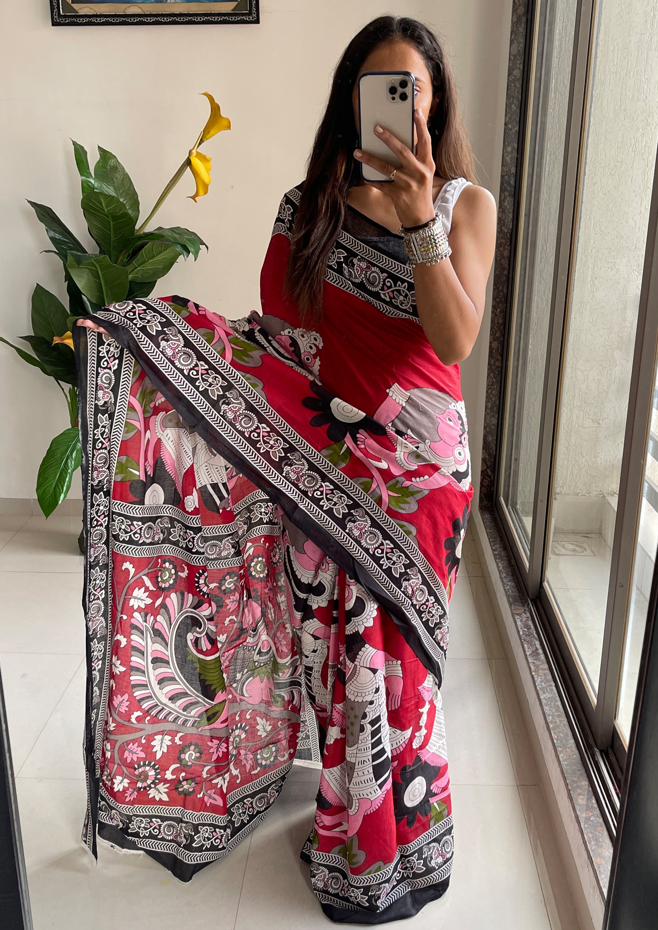 SELFI 20 PURE MUL COTTON TRADITIONAL KALMKARI HANDBLOCK PRINT RED SAREE