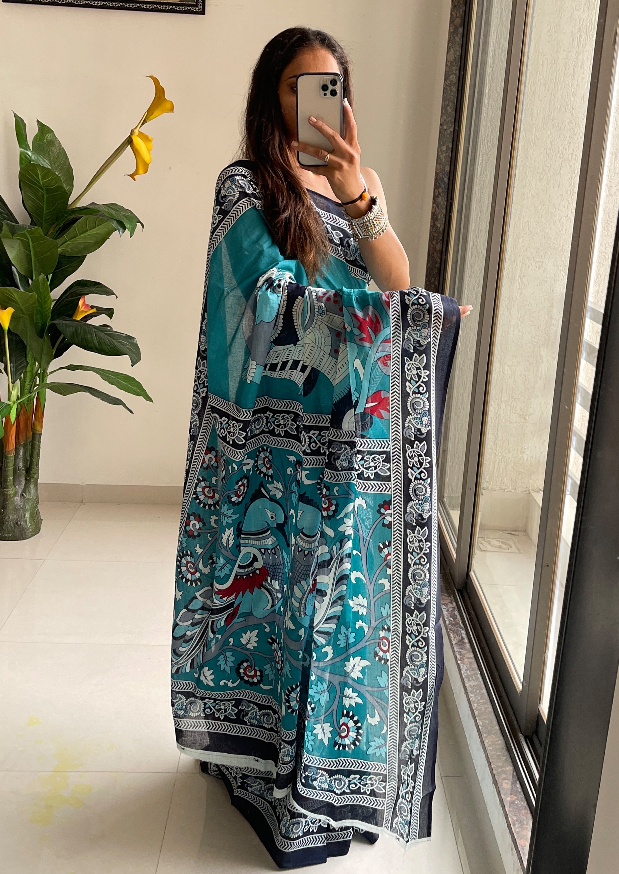 SELFI 20 PURE MUL COTTON TRADITIONAL KALMKARI HANDBLOCK PRINT TEAL SAREE