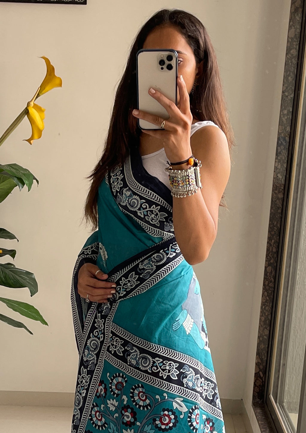 SELFI 20 PURE MUL COTTON TRADITIONAL KALMKARI HANDBLOCK PRINT TEAL SAREE