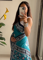 SELFI 20 PURE MUL COTTON TRADITIONAL KALMKARI HANDBLOCK PRINT TEAL SAREE