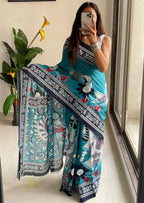 SELFI 20 PURE MUL COTTON TRADITIONAL KALMKARI HANDBLOCK PRINT TEAL SAREE