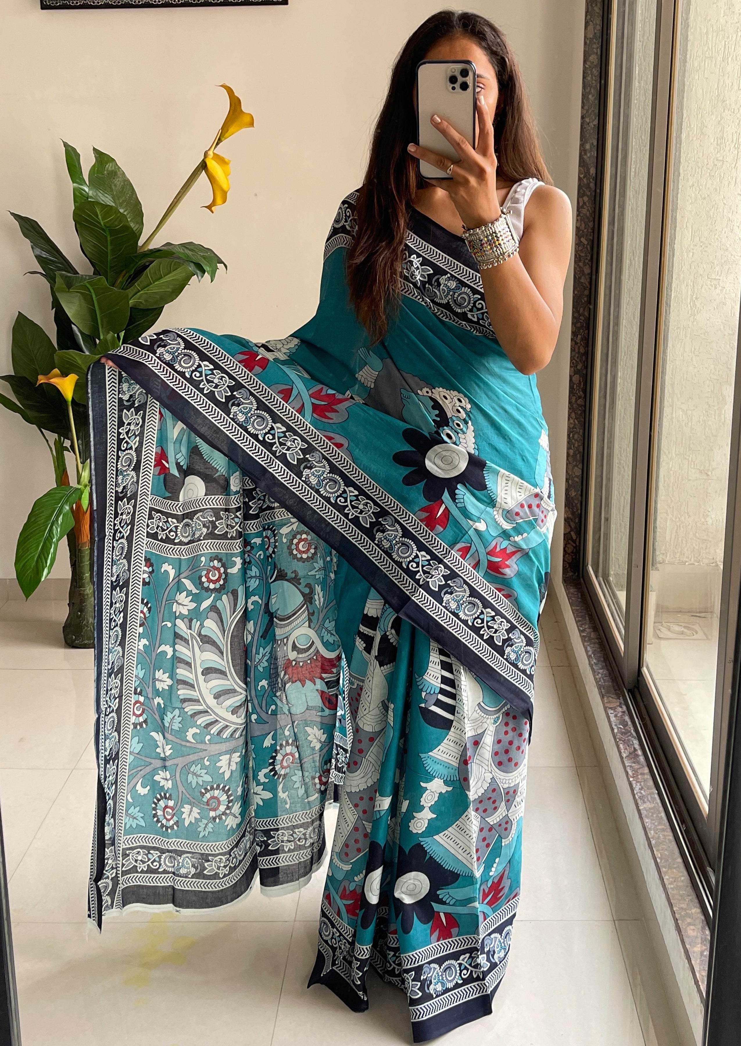 SELFI 20 PURE MUL COTTON TRADITIONAL KALMKARI HANDBLOCK PRINT TEAL SAREE