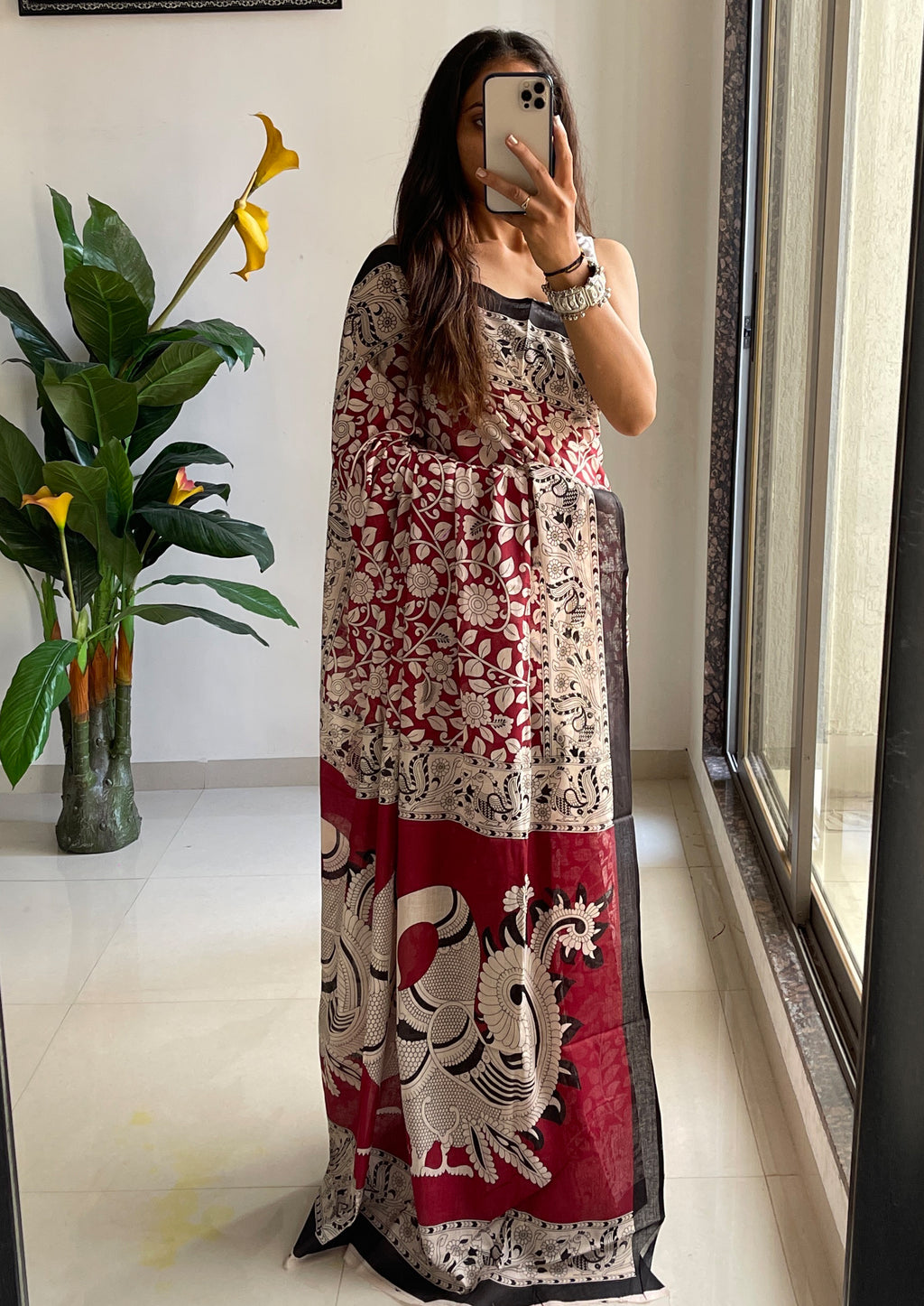 SELFI 21 PURE MUL COTTON TRADITIONAL KALMKARI HANDBLOCK PRINT MAROON SAREE