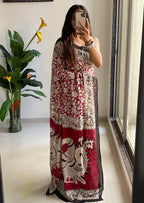 SELFI 21 PURE MUL COTTON TRADITIONAL KALMKARI HANDBLOCK PRINT MAROON SAREE