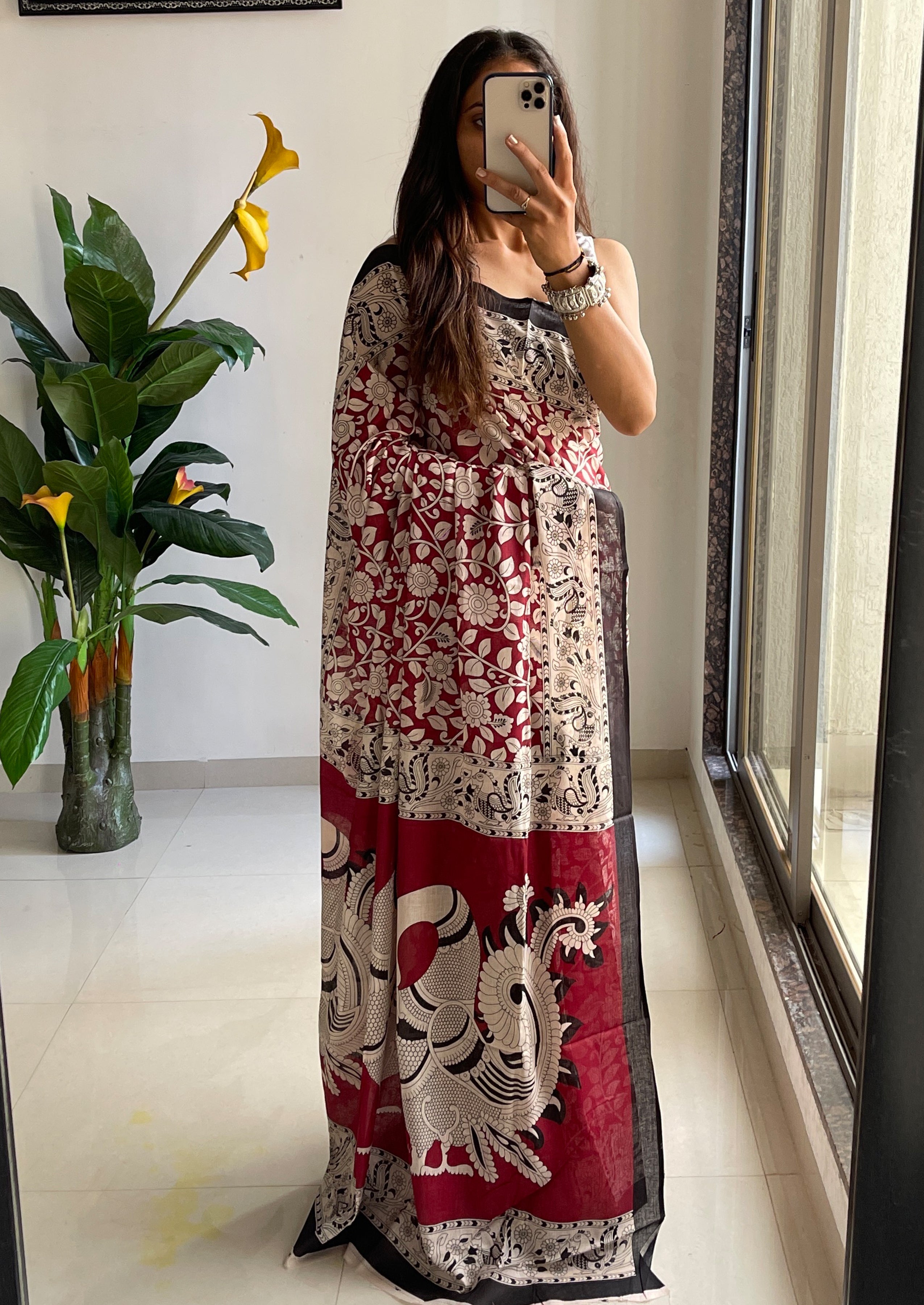 SELFI 21 PURE MUL COTTON TRADITIONAL KALMKARI HANDBLOCK PRINT MAROON SAREE