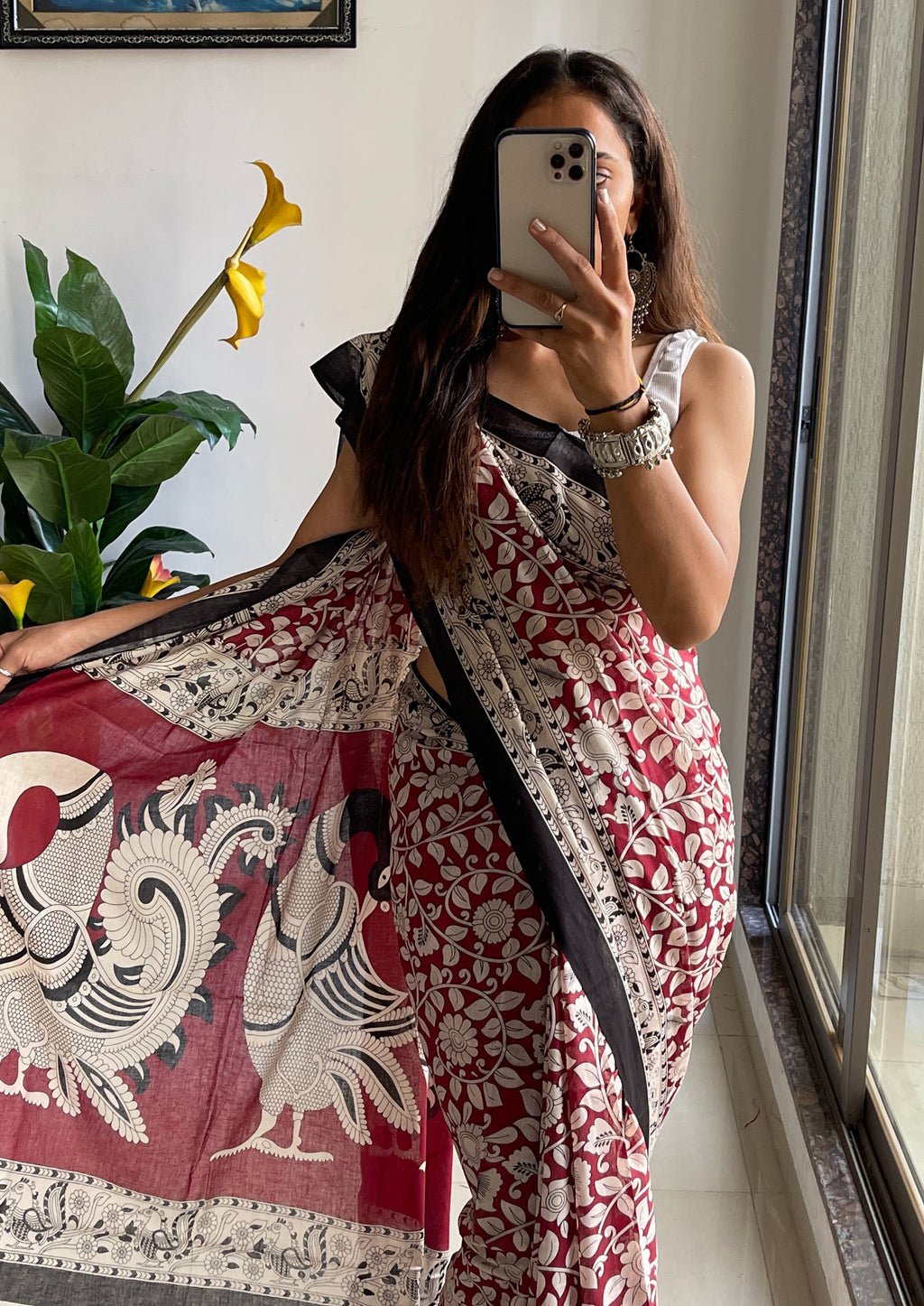 SELFI 21 PURE MUL COTTON TRADITIONAL KALMKARI HANDBLOCK PRINT MAROON SAREE