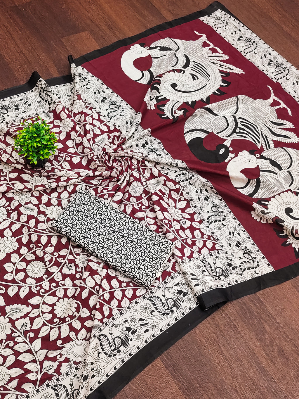 SELFI 21 PURE MUL COTTON TRADITIONAL KALMKARI HANDBLOCK PRINT MAROON SAREE