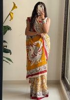 SELFI 21 PURE MUL COTTON TRADITIONAL KALMKARI HANDBLOCK PRINT MUSTARD SAREE
