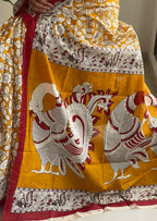 SELFI 21 PURE MUL COTTON TRADITIONAL KALMKARI HANDBLOCK PRINT MUSTARD SAREE