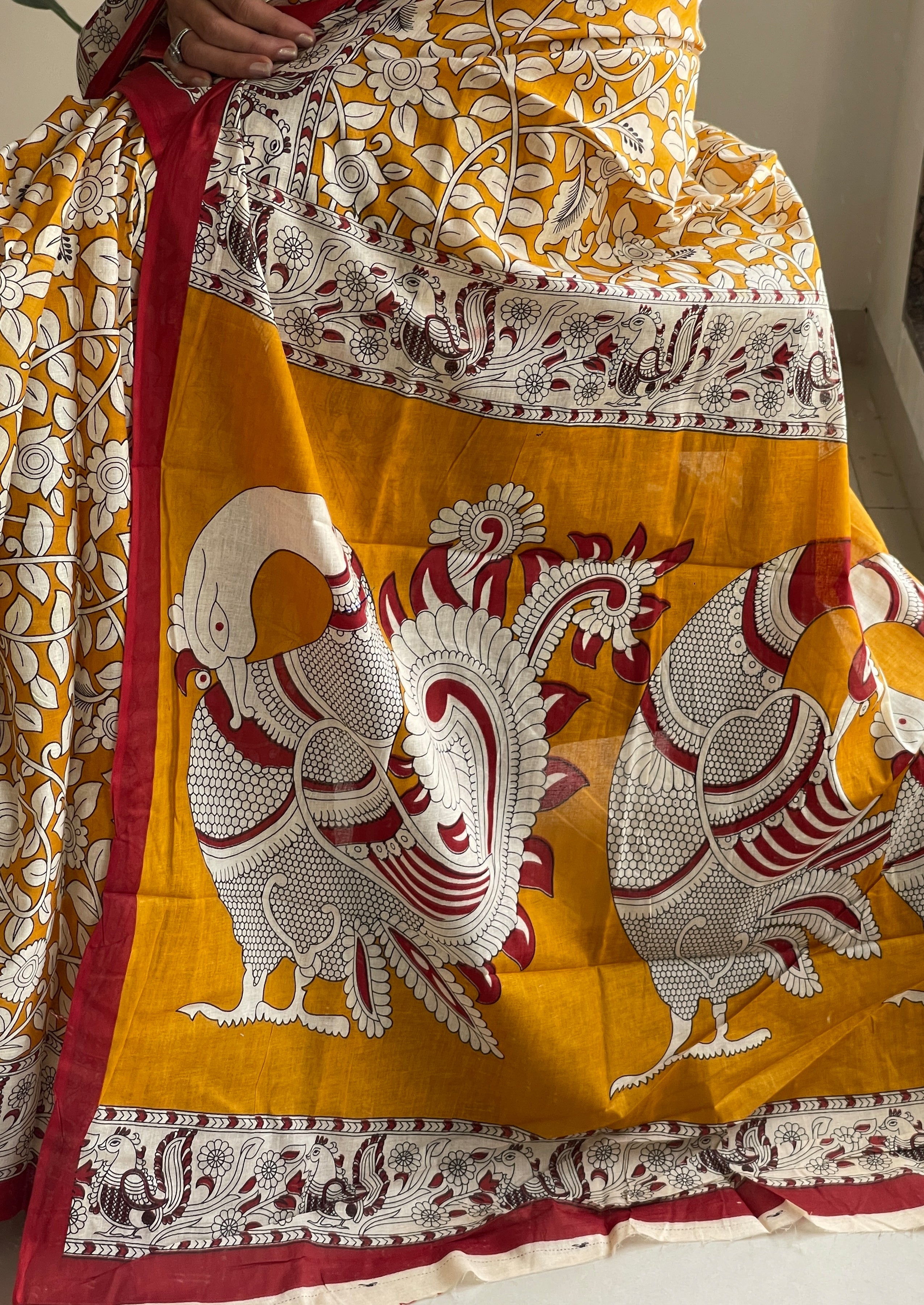 SELFI 21 PURE MUL COTTON TRADITIONAL KALMKARI HANDBLOCK PRINT MUSTARD SAREE