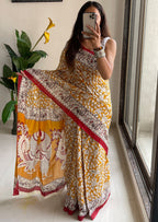 SELFI 21 PURE MUL COTTON TRADITIONAL KALMKARI HANDBLOCK PRINT MUSTARD SAREE
