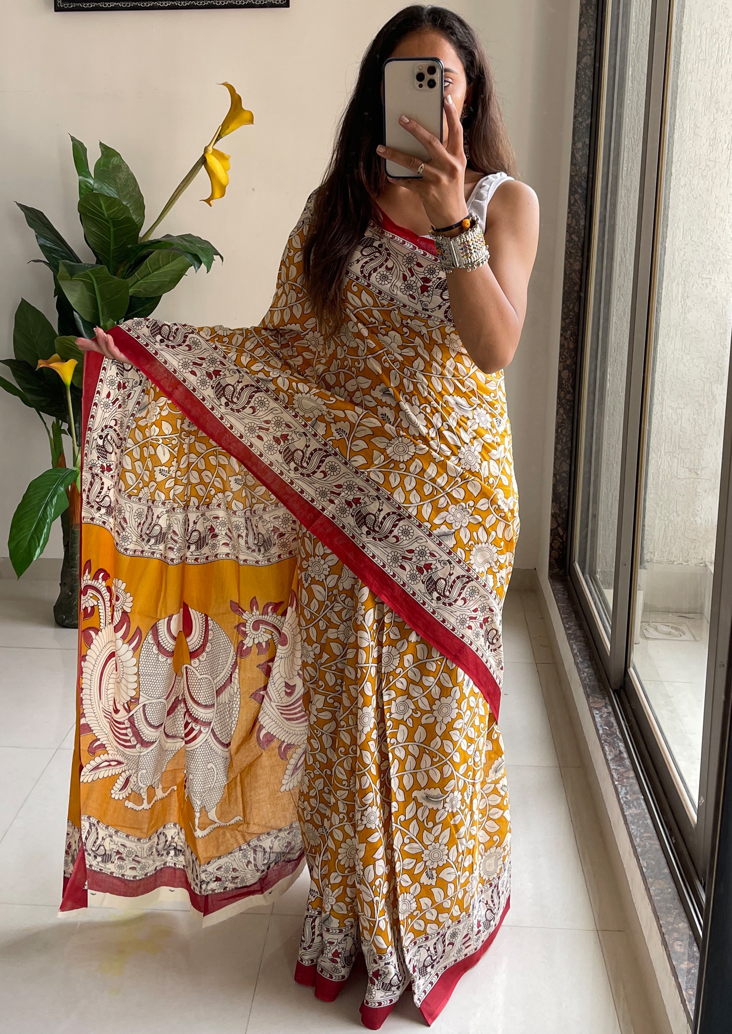 SELFI 21 PURE MUL COTTON TRADITIONAL KALMKARI HANDBLOCK PRINT MUSTARD SAREE