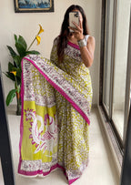 SELFI 21 PURE MUL COTTON TRADITIONAL KALMKARI HANDBLOCK PRINT OLIVE GREEN SAREE