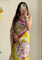 SELFI 21 PURE MUL COTTON TRADITIONAL KALMKARI HANDBLOCK PRINT OLIVE GREEN SAREE