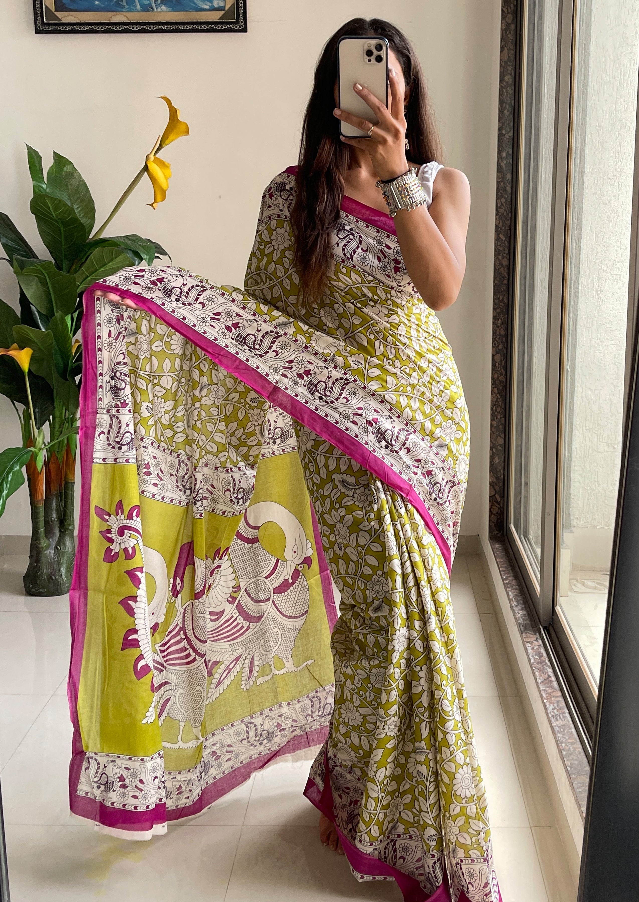 SELFI 21 PURE MUL COTTON TRADITIONAL KALMKARI HANDBLOCK PRINT OLIVE GREEN SAREE