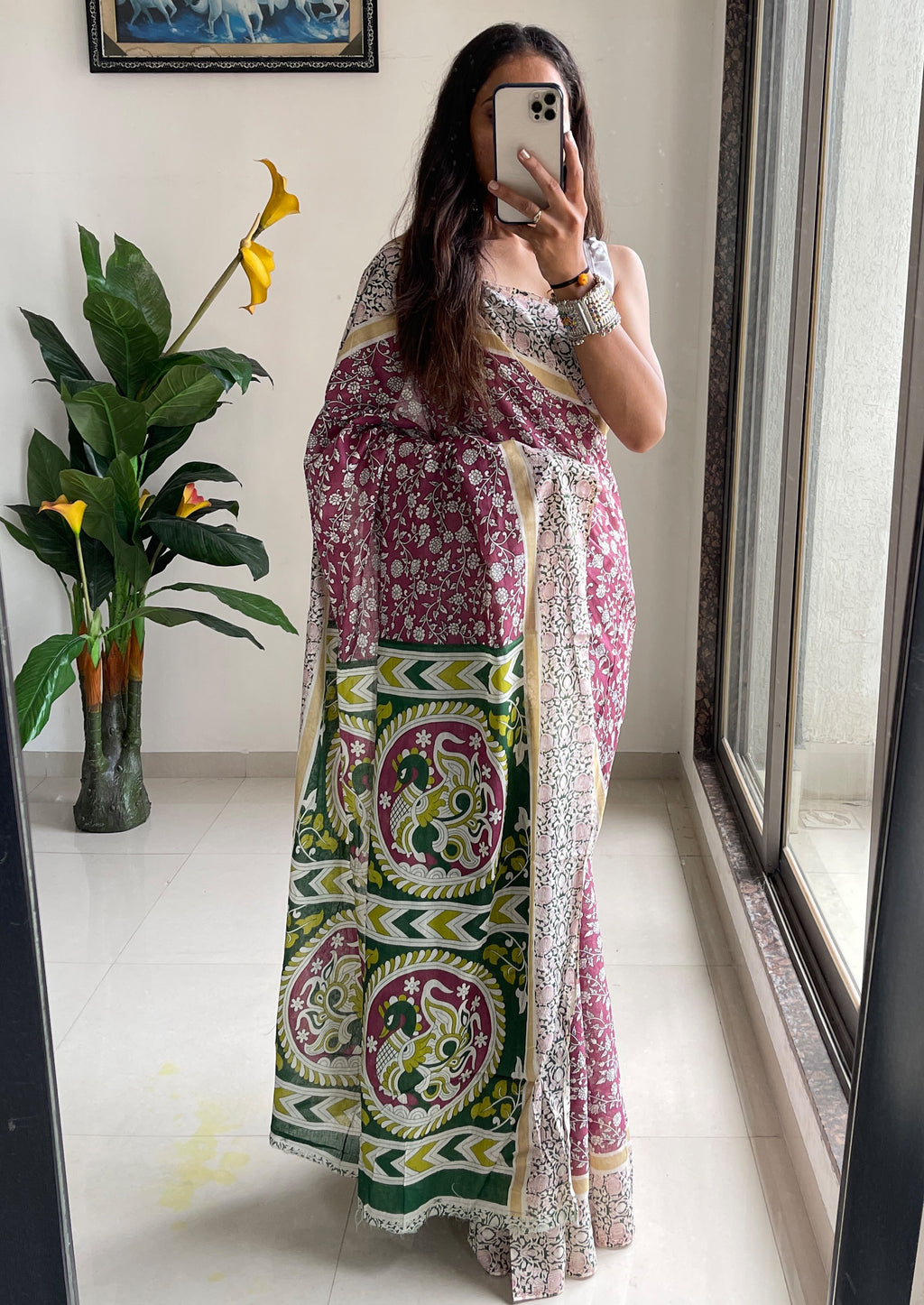 SELFI 22 PURE MUL COTTON TRADITIONAL KALMKARI HANDBLOCK PRINT LIGHT PURPLE SAREE