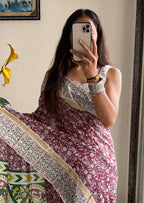 SELFI 22 PURE MUL COTTON TRADITIONAL KALMKARI HANDBLOCK PRINT LIGHT PURPLE SAREE