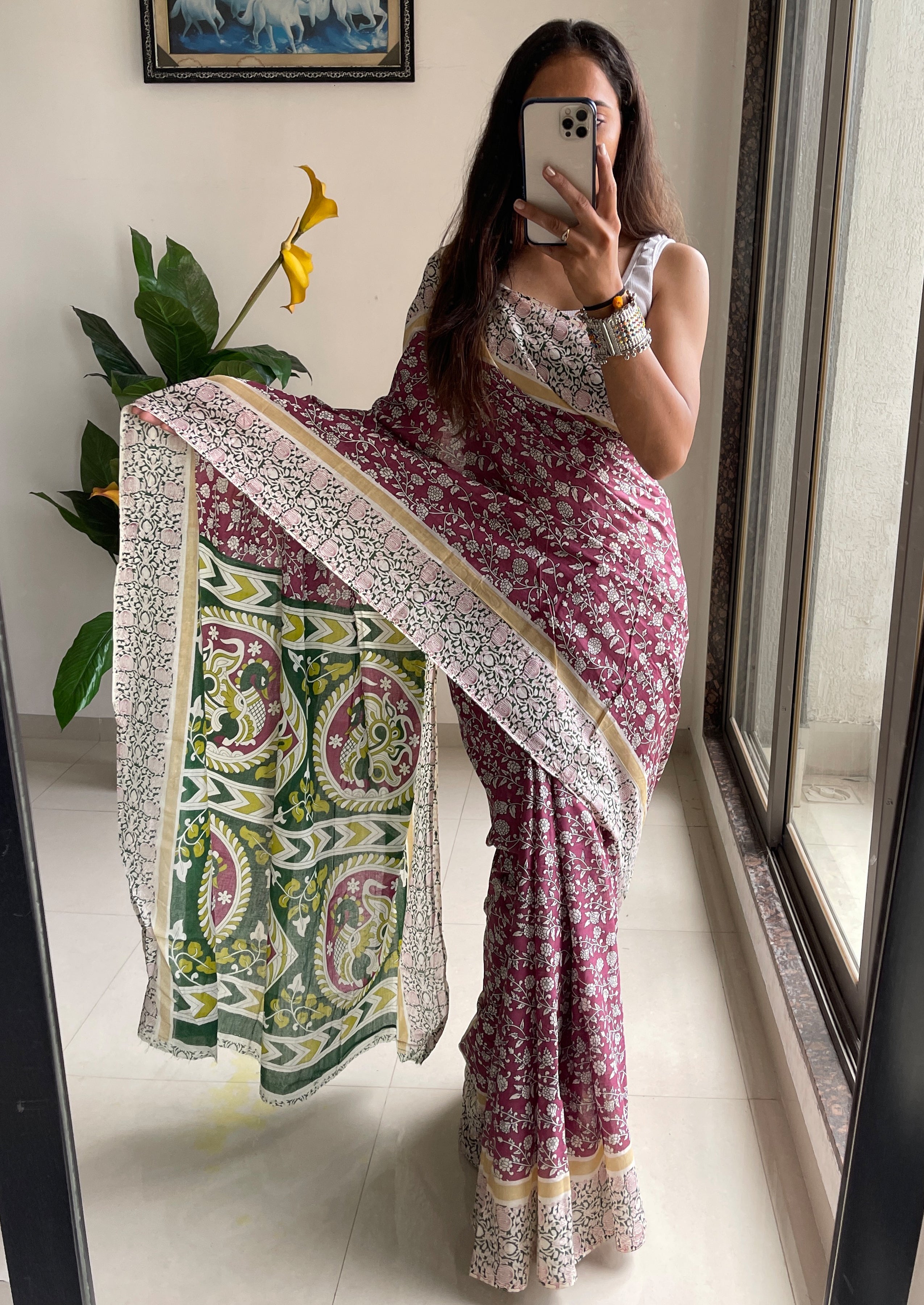 SELFI 22 PURE MUL COTTON TRADITIONAL KALMKARI HANDBLOCK PRINT LIGHT PURPLE SAREE