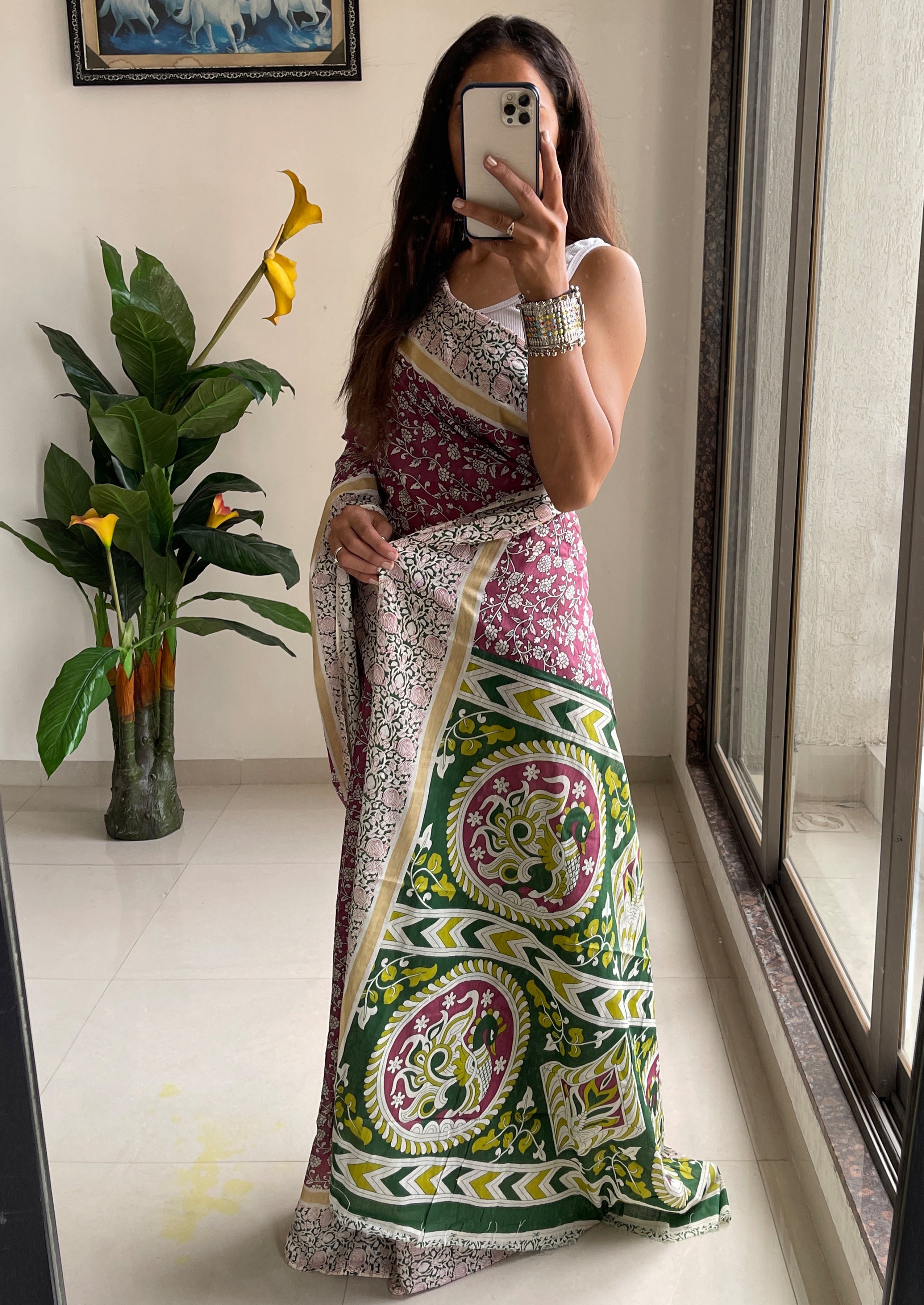 SELFI 22 PURE MUL COTTON TRADITIONAL KALMKARI HANDBLOCK PRINT LIGHT PURPLE SAREE