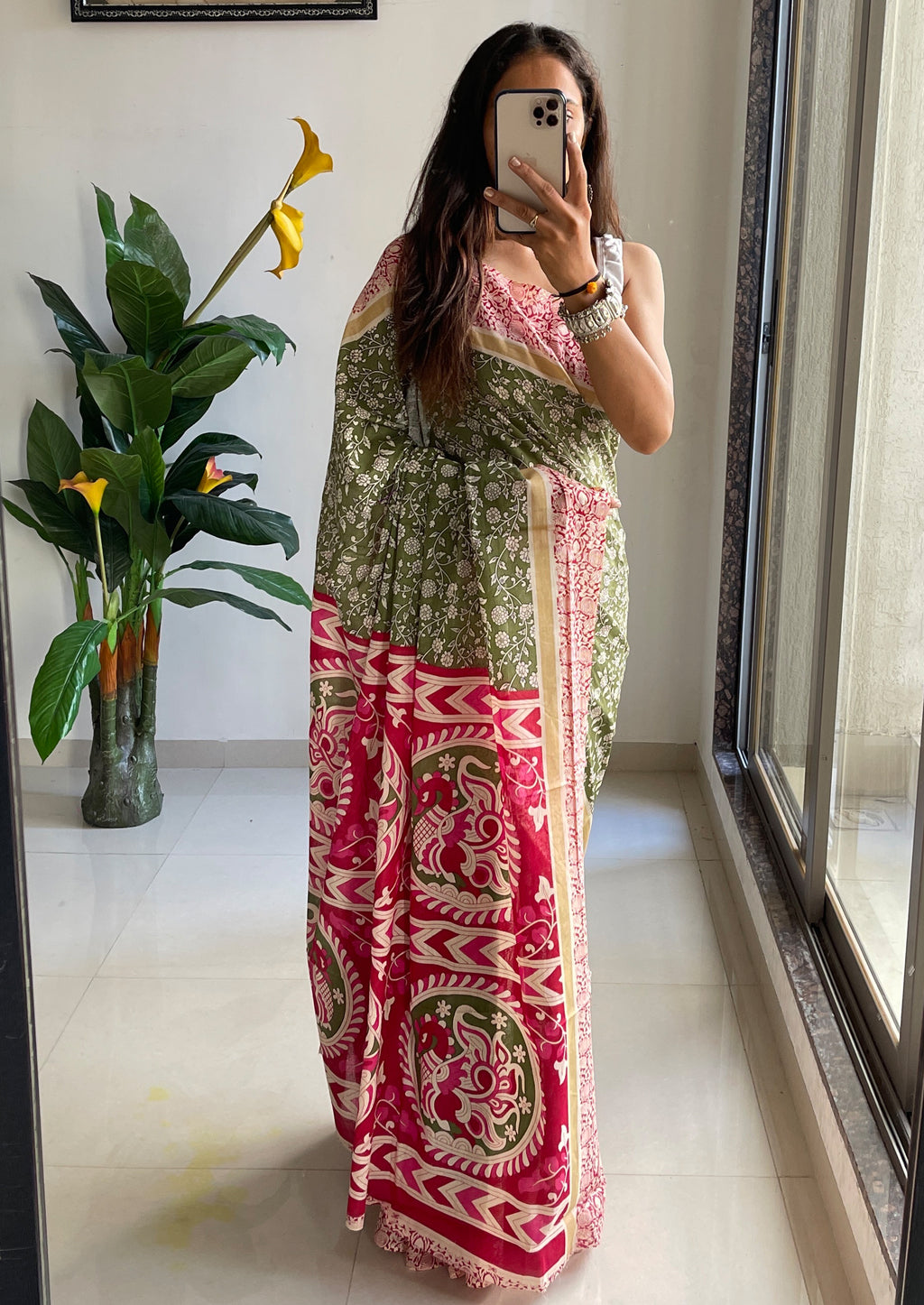 SELFI 22 PURE MUL COTTON TRADITIONAL KALMKARI HANDBLOCK PRINT OLIVE GREEN SAREE