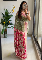 SELFI 22 PURE MUL COTTON TRADITIONAL KALMKARI HANDBLOCK PRINT OLIVE GREEN SAREE