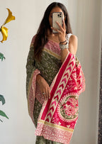 SELFI 22 PURE MUL COTTON TRADITIONAL KALMKARI HANDBLOCK PRINT OLIVE GREEN SAREE