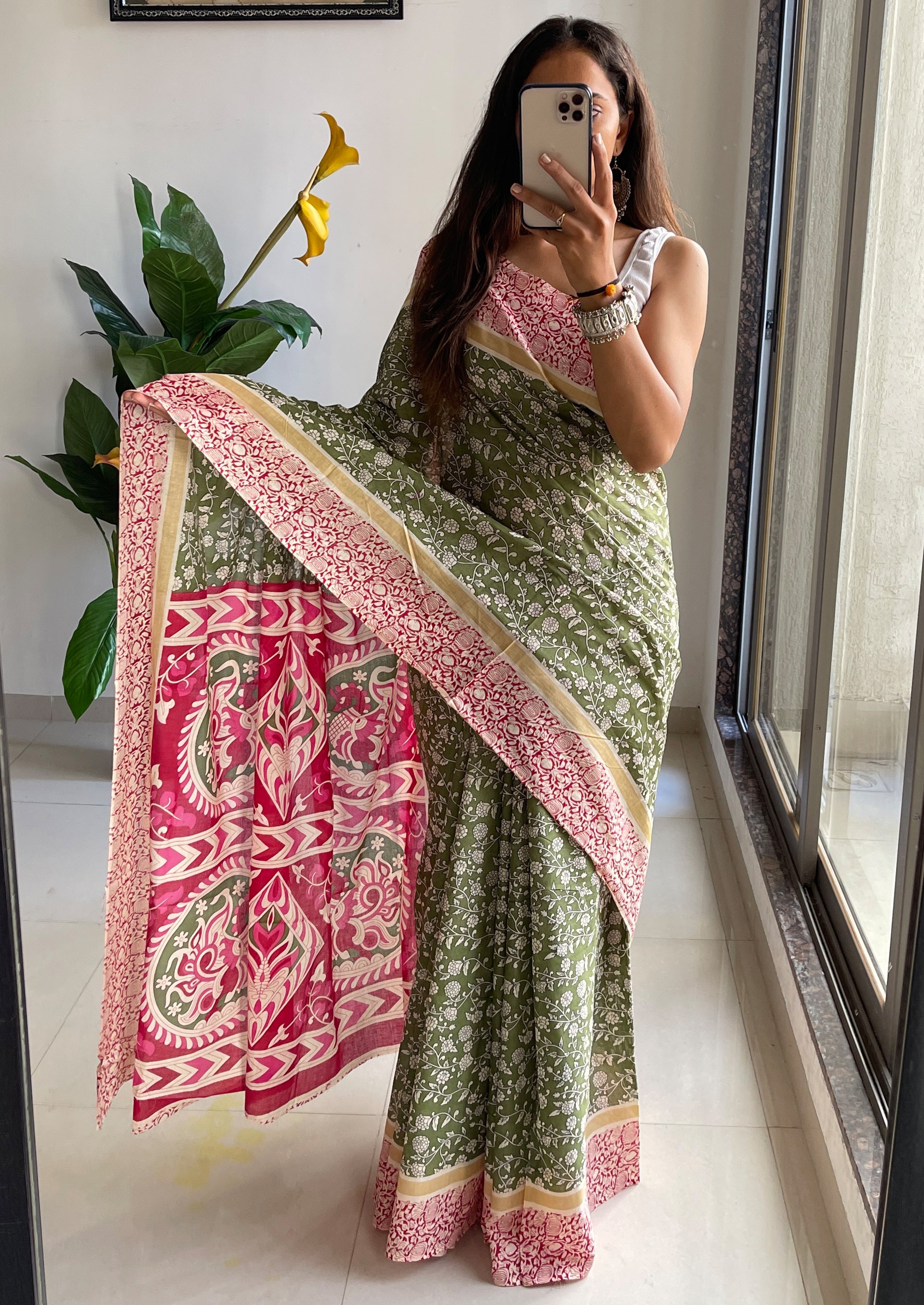 SELFI 22 PURE MUL COTTON TRADITIONAL KALMKARI HANDBLOCK PRINT OLIVE GREEN SAREE