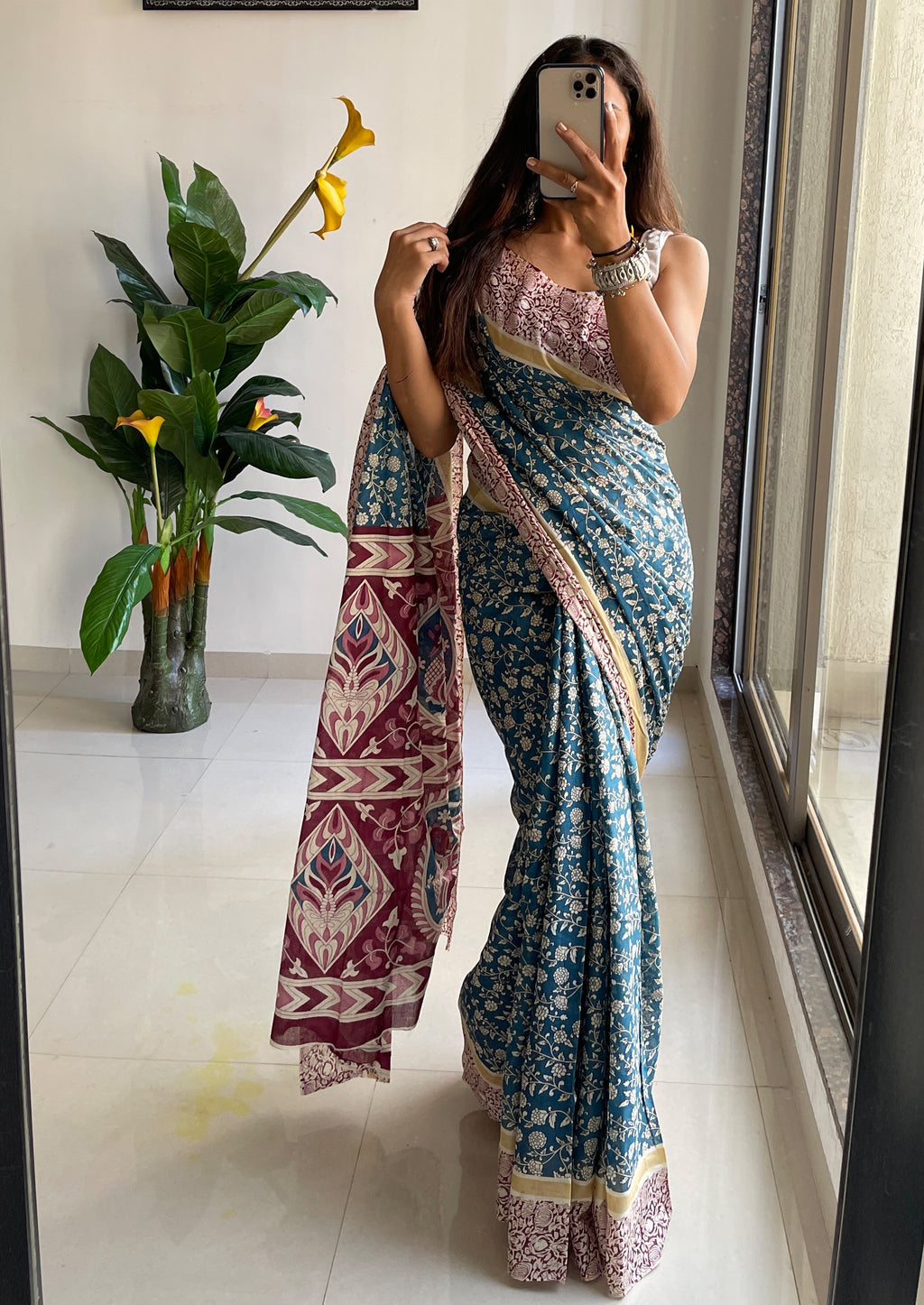 SELFI 22 PURE MUL COTTON TRADITIONAL KALMKARI HANDBLOCK PRINT TEAL BLUE SAREE