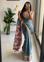 SELFI 22 PURE MUL COTTON TRADITIONAL KALMKARI HANDBLOCK PRINT TEAL BLUE SAREE