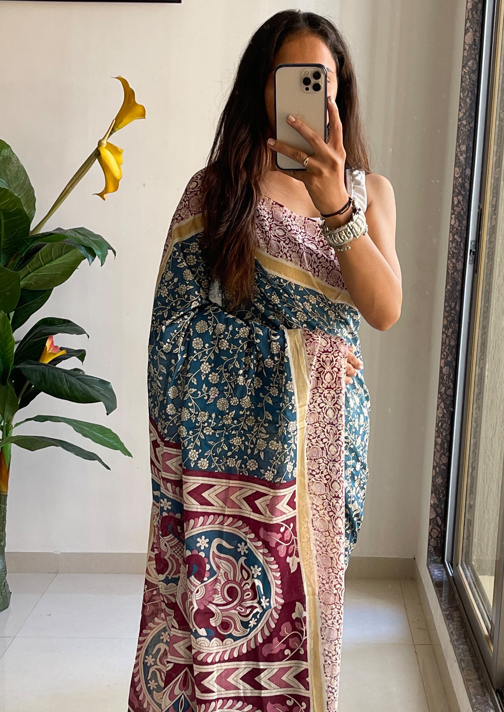 SELFI 22 PURE MUL COTTON TRADITIONAL KALMKARI HANDBLOCK PRINT TEAL BLUE SAREE