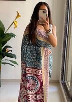 SELFI 22 PURE MUL COTTON TRADITIONAL KALMKARI HANDBLOCK PRINT TEAL BLUE SAREE