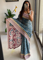 SELFI 22 PURE MUL COTTON TRADITIONAL KALMKARI HANDBLOCK PRINT TEAL BLUE SAREE