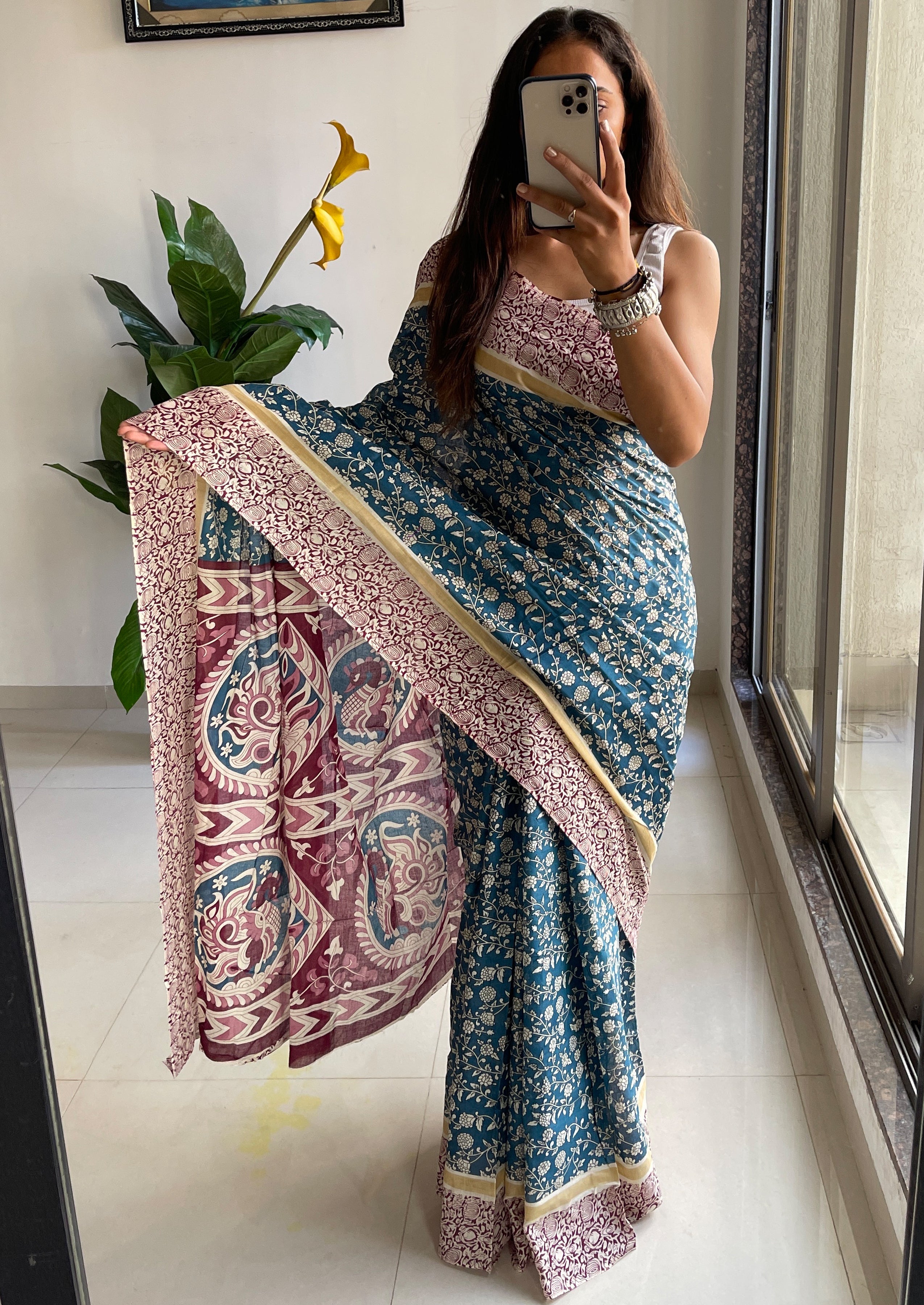 SELFI 22 PURE MUL COTTON TRADITIONAL KALMKARI HANDBLOCK PRINT TEAL BLUE SAREE