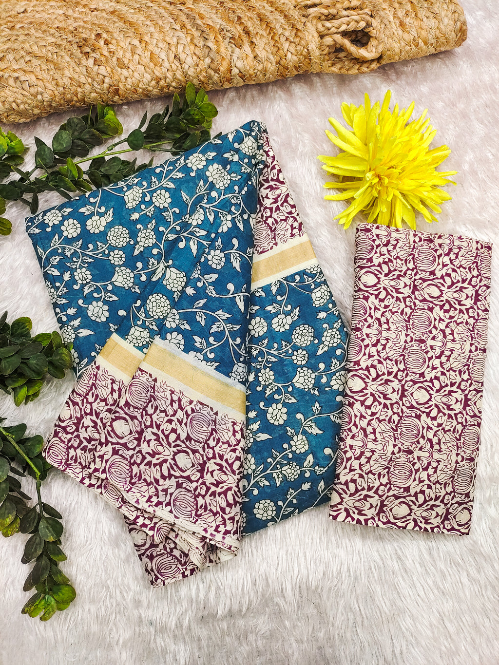 SELFI 22 PURE MUL COTTON TRADITIONAL KALMKARI HANDBLOCK PRINT TEAL BLUE SAREE