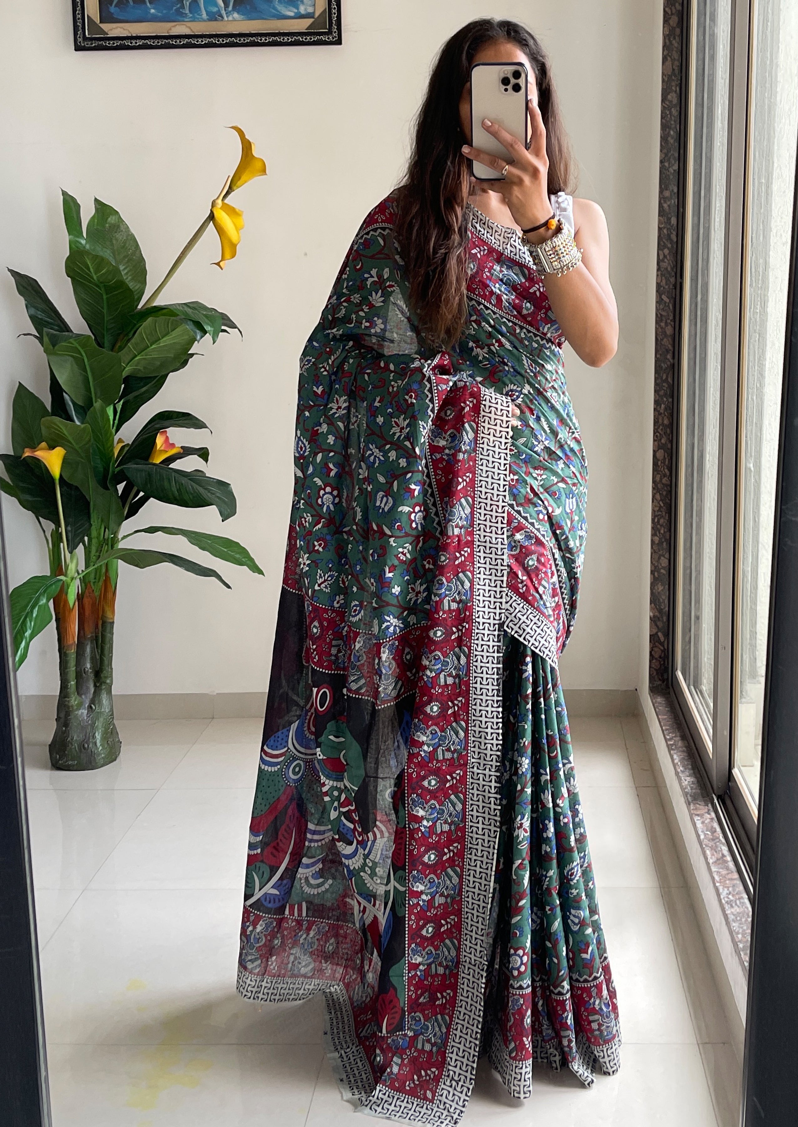 SELFI 23 PURE MUL COTTON TRADITIONAL KALMKARI HANDBLOCK PRINT GREEN SAREE