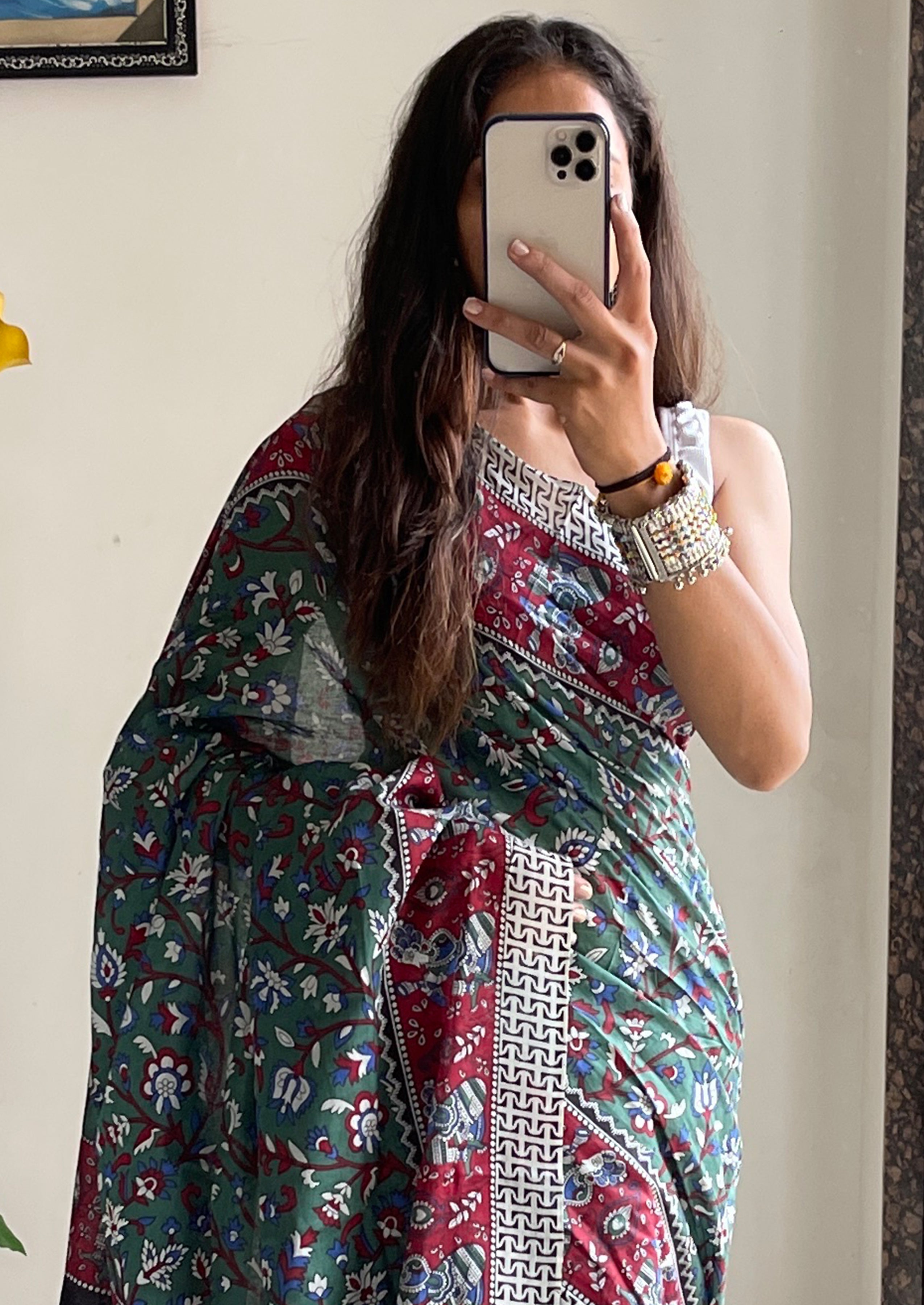 SELFI 23 PURE MUL COTTON TRADITIONAL KALMKARI HANDBLOCK PRINT GREEN SAREE