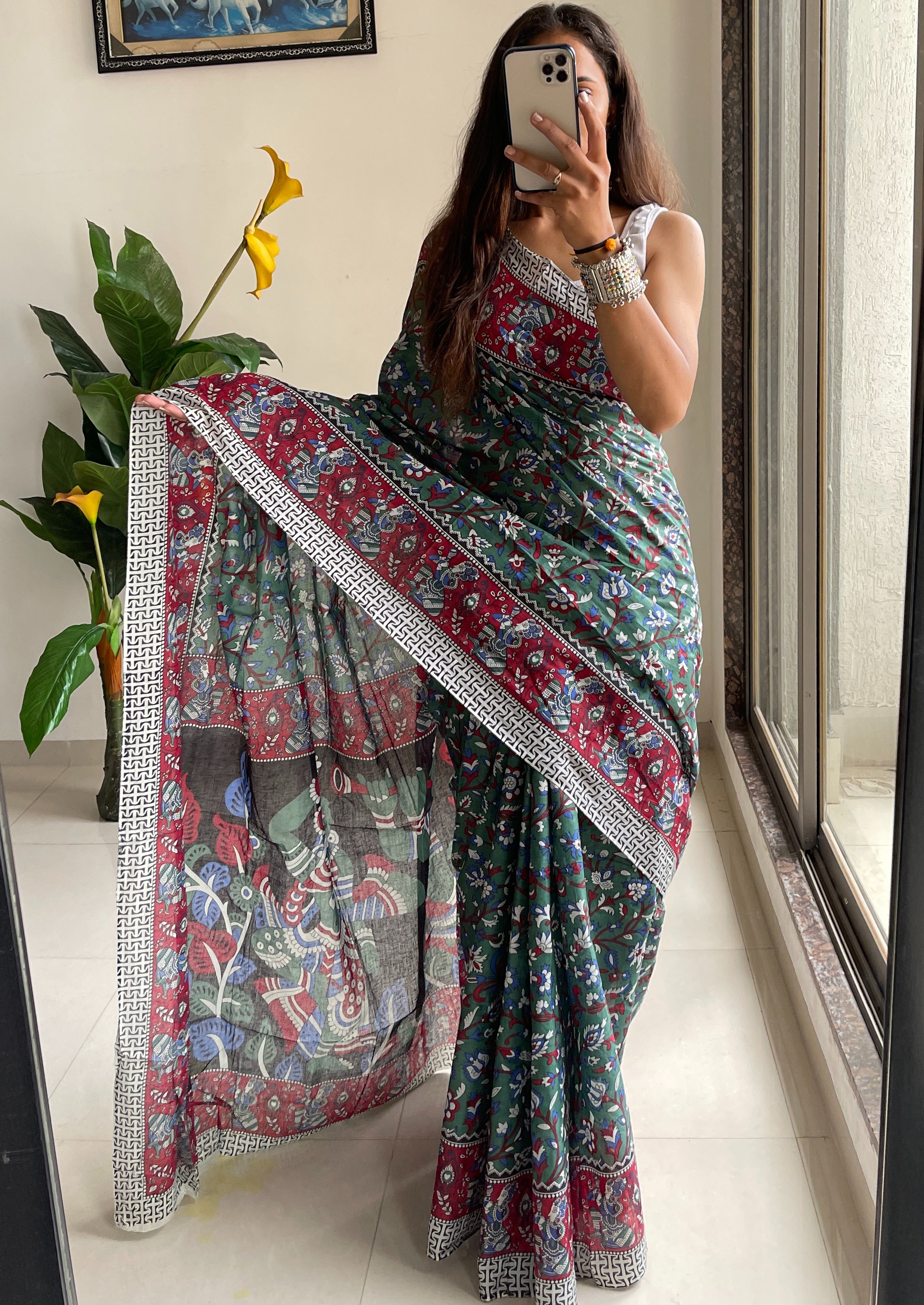 SELFI 23 PURE MUL COTTON TRADITIONAL KALMKARI HANDBLOCK PRINT GREEN SAREE