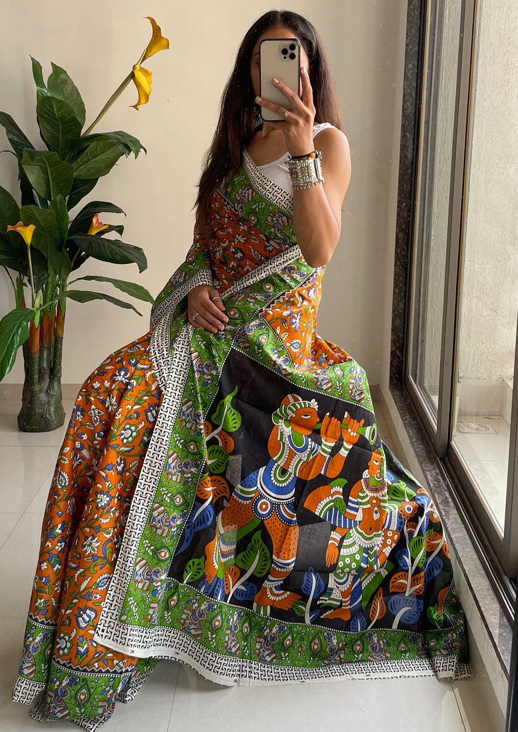 SELFI 23 PURE MUL COTTON TRADITIONAL KALMKARI HANDBLOCK PRINT ORANGE SAREE