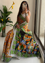 SELFI 23 PURE MUL COTTON TRADITIONAL KALMKARI HANDBLOCK PRINT ORANGE SAREE