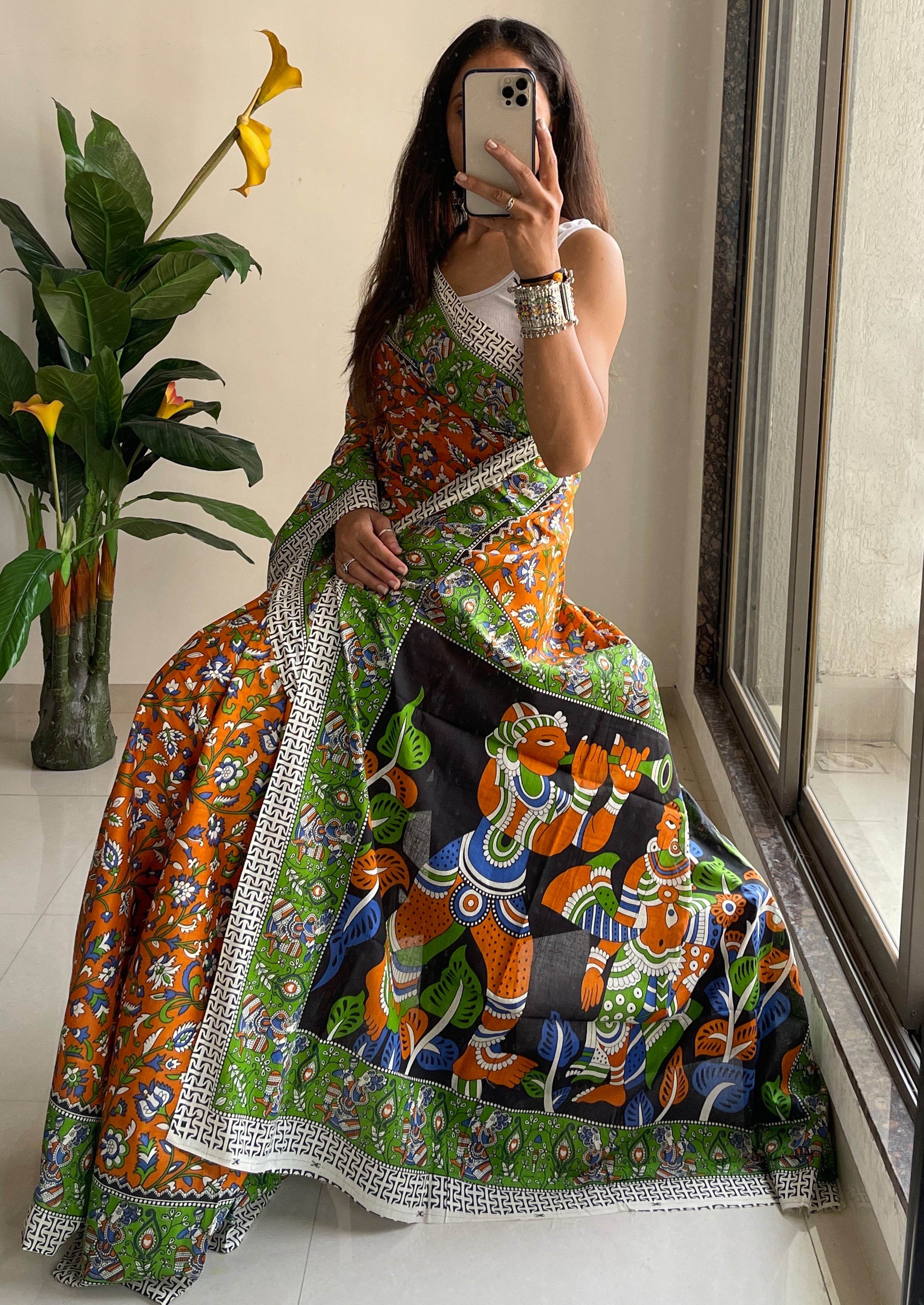 SELFI 23 PURE MUL COTTON TRADITIONAL KALMKARI HANDBLOCK PRINT ORANGE SAREE