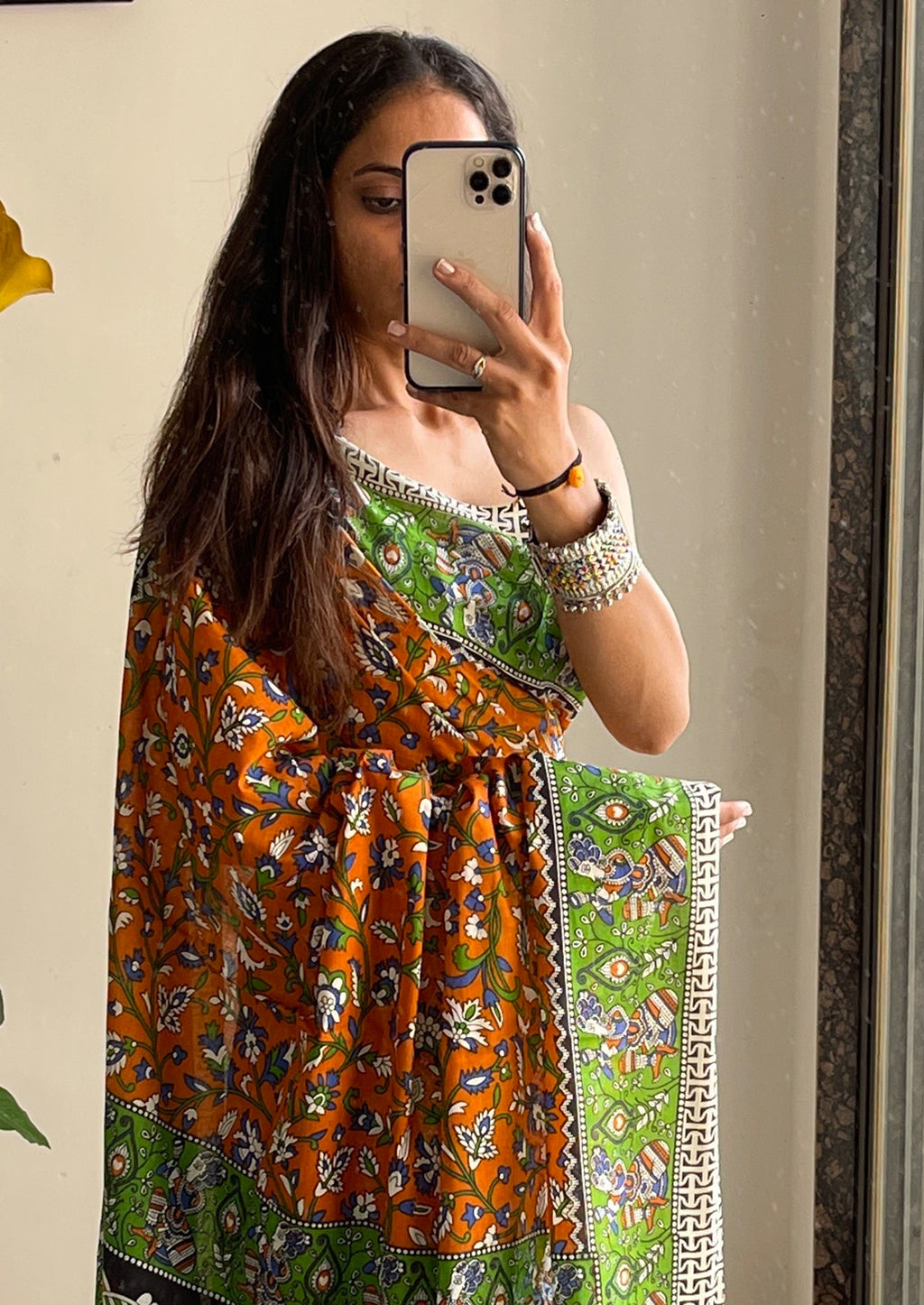 SELFI 23 PURE MUL COTTON TRADITIONAL KALMKARI HANDBLOCK PRINT ORANGE SAREE